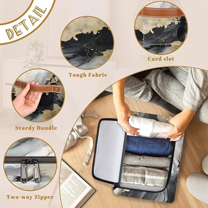 Marble Storage Bins with Zipper Lid Abstract Fabric Lidded Storage Baskets Cubes with Handles Decorative Foldable Shelf Closet Organizer Container