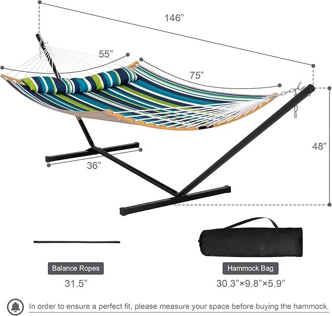 Hammock with Stand for Outside Double Hammock with Stand Pillow and Portable Bag 450 Lbs Capacity Green Blue Stripes