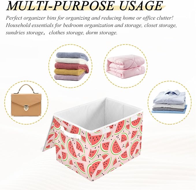 Watermelon Fruits Lidded Home Storage Bins Closet Storage Bins Foldable Oxford Fabric Storage Box for Home Bedroom Closet Office (16.5x12.6x11.8 in)