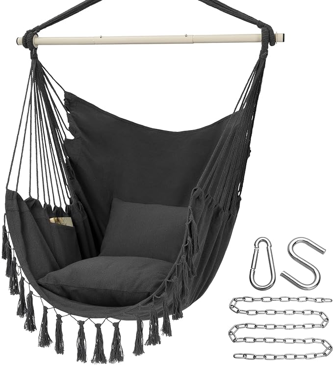 Y- STOP Hammock Chair Hanging Rope Swing Max 500 Lbs 2 Cushions Included Large Macrame Hanging Chair with Pocket Cotton Weave for Superior Comfort Durability (Dark Grey)