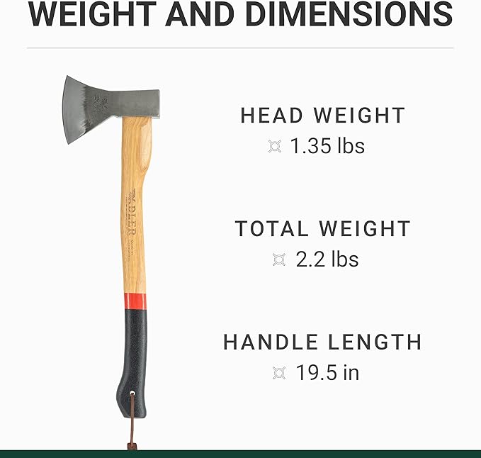 Adler Canoe Axe – Made in Germany Camping Bushcraft w/ 20 in Hickory Handle Leather Sheath Anti-Slip Grip 1-1/4 lb Head C60 Carbon Steel Lightweight for Kindling Firewood Hiking Outdoors (A3)