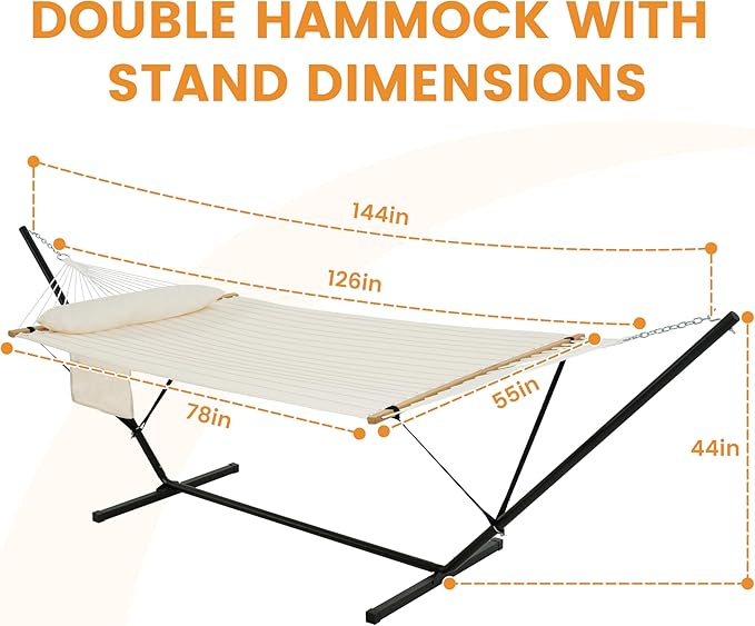Lazy Daze Hammocks 2 Person Portable Hammock with 12FT Stand for Outside Quilted Double Hammock with Spreader Bar and Detachable Pillow 450lbs Capacity Perfect for Outdoor Patio Natural