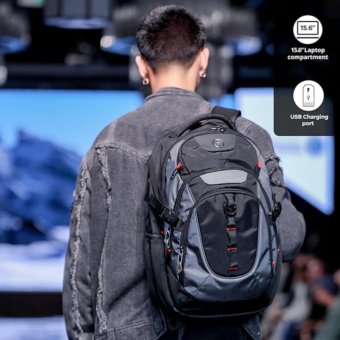 Swissdigital Design Laptop Backpack with USB Charging Port Travel Backpack Fits 15.6 inches Computer 31L College School Backpack for Men Haze Blue/Black | SD803-16