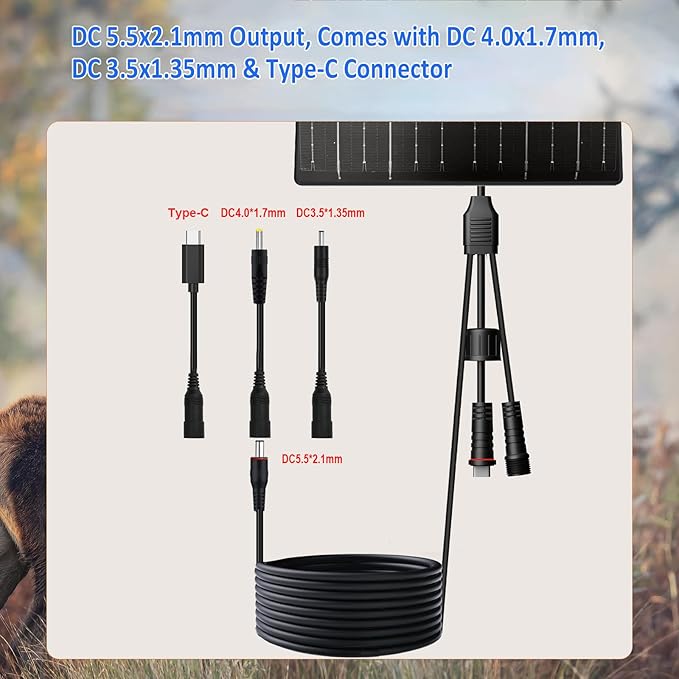 Zivif 10W Solar Panel for 5V/12V Security Camera &amp Trail Cameras Solar Charger with DC 5.5×2.1mm 4.0×1.7mm &amp 3.5×1.35mm &amp USB-C Connecter with 10400mAh Battery 360° Mount 9.8ft Cable