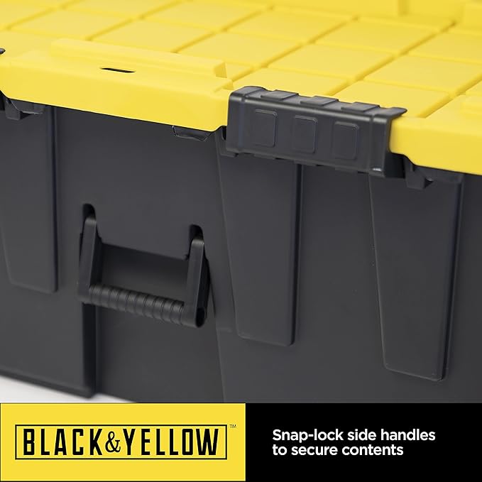 CX BLACK &amp YELLOW 20-Gallon Heavy Duty Tough Storage Footlocker &amp Snap-Tight Lid (13.4H x 18.2W x 32.3D) Weather-Resistant Design and Stackable Organization Tote [2 Pack]