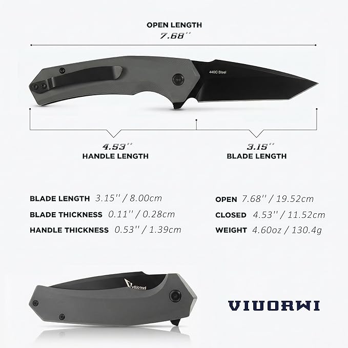 Tactical Pocket Knife - EDC Folding Knife with 440C Stainless Steel Tanto Blade Black Coated Gray Aluminum Handle Liner Lock &amp Deep Carry Clip for Men Outdoor Survival Camping Valentine's Gi