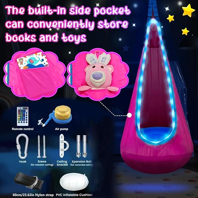 Light Up Swing Chair Hammock Chair Indoor Outdoor for Kids Pod with LED Lights Soft and Safe 176 lb. Load Capacity Easy Installation Perfect for Bedroom Garden and Playroom (Rose Red)