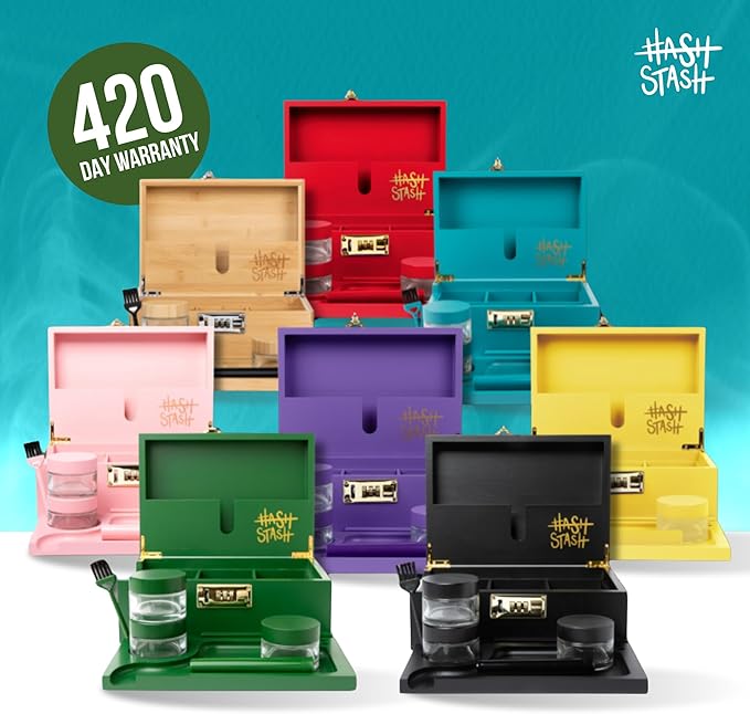 The OG Stash Storage Box - Large Bamboo Box with Combination Lock Magnetic Lid Organizer Tray 3 Jars Brush and Tube - Decorative Wooden Locked Storage Box with Accessories (Teal/Gold)
