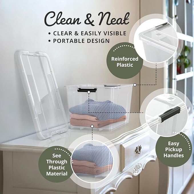Lifetime Appliance Parts 6 PACK 34 Qt. Plastic Storage Bin Tote Organizing Container with Ultra Durable Lid &amp Secure Latching Buckles Stackable Extra Strength Clear w/Black Handle