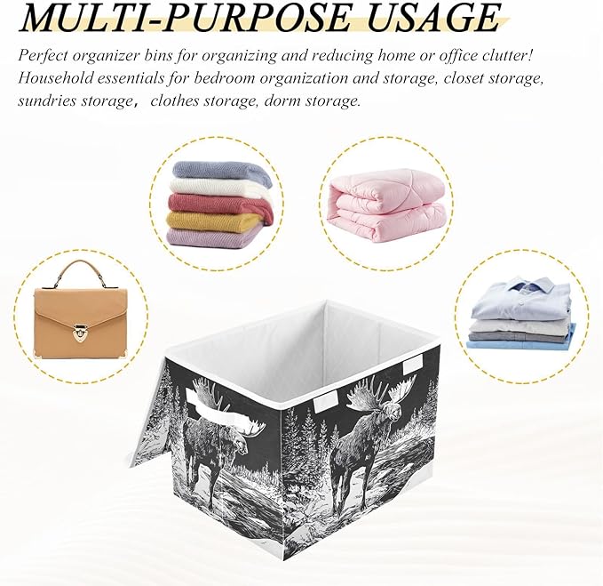 Sketch Moose Storage Cube Bins Basket with Lid Collapsible Flip-top Fabric with Handle for Home Bedroom Closet Office 16.5×12.6×11.8 in