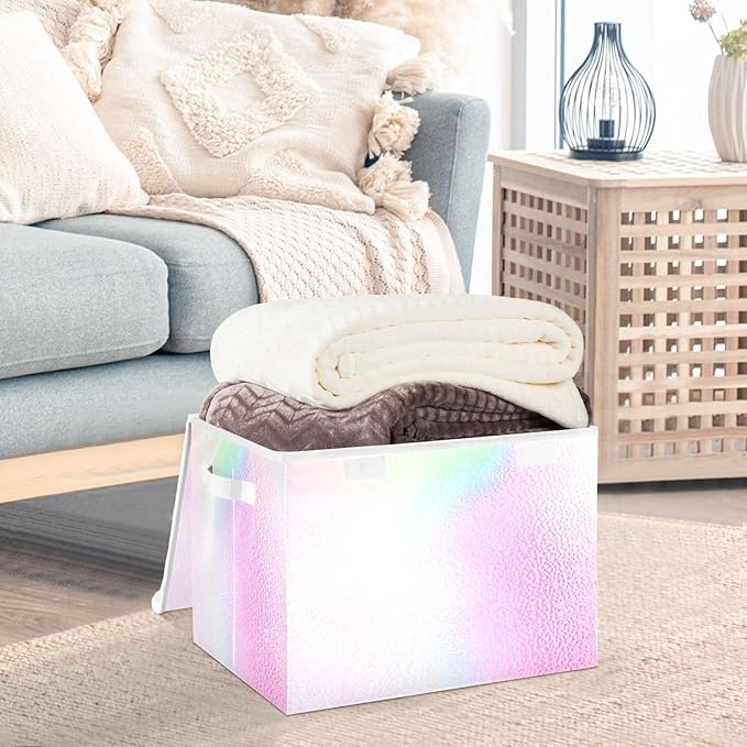 Holographic Gradient Rainbow Storage Bins with Lids Collapsible Container Store Shoe Storage Boxes for Office Supplies