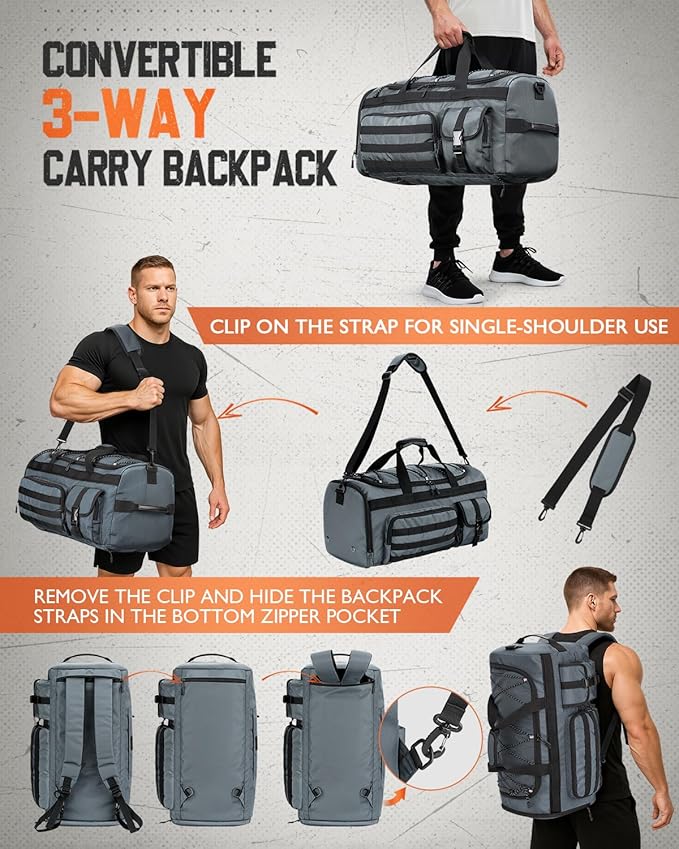 Gonex 45L Duffel Bag for Men 3 in 1 Convertible Carry Gym Duffle with Shoe Compartment Tactical Gear Loops Water-Repellent Lining Workout &amp Travel Bag (Gray)