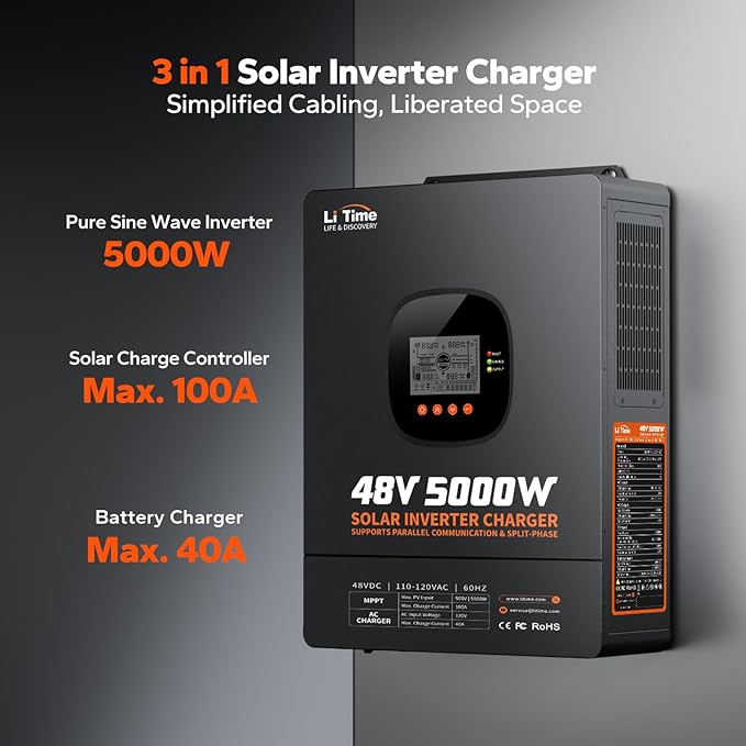 LiTime 5000W Pure Sine Wave Inverter 48V DC to 120V AC Solar Hybrid Inverter Charger Parallel Split-Phase for 240V Built in 100A MPPT Solar Charger Controller for Home Backup Off-Grid Farm