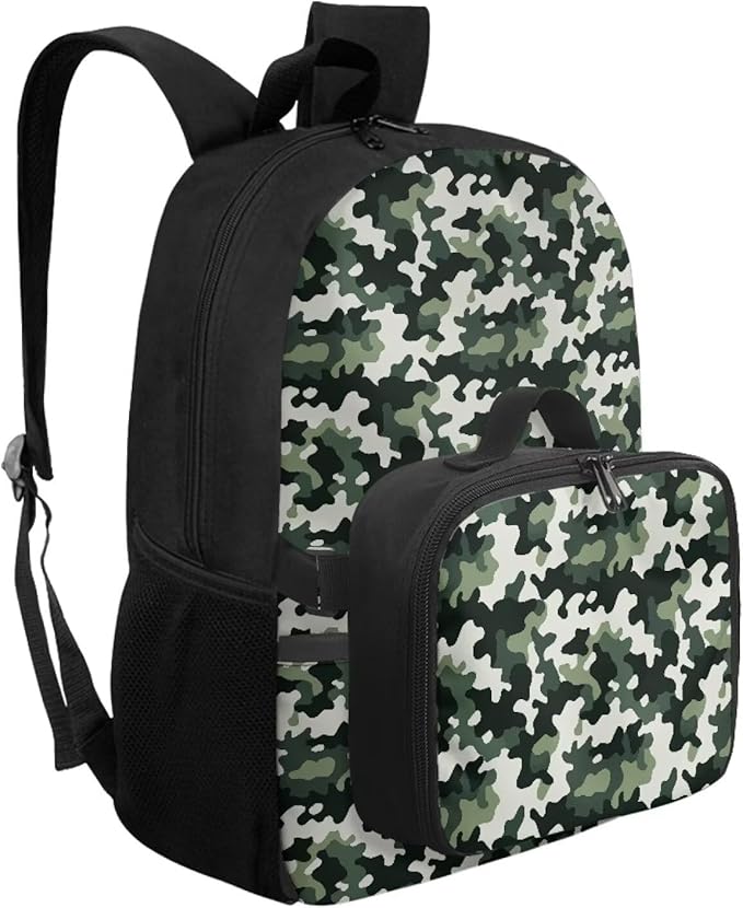 Backpack for Men Green Camouflage School Bag with Lunch Bag Lightweight Bookbag with Detachable Lunchbox for Travel Outdoor Casual Daypack