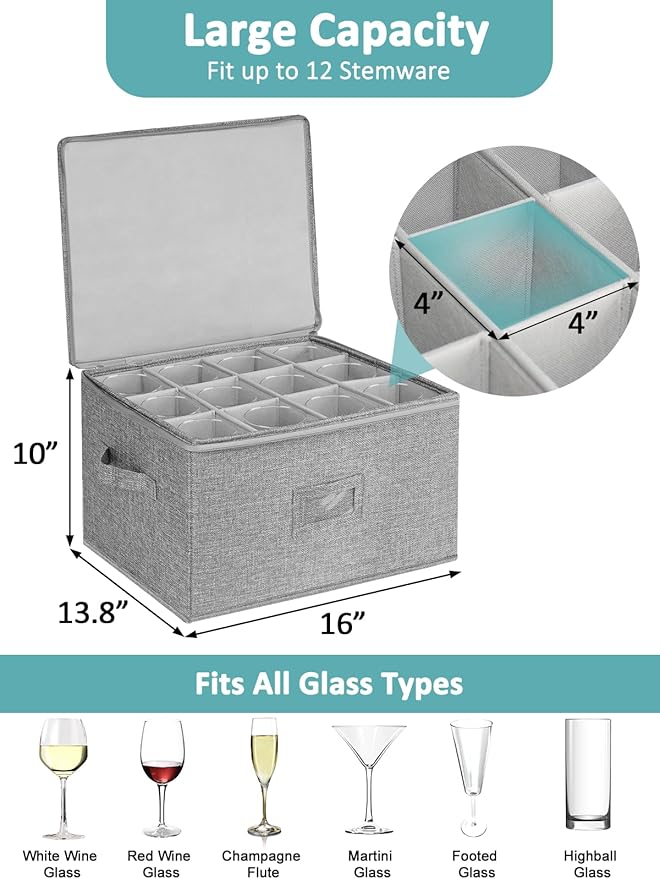 Cirhy Wine Glass Storage Box Hard Shell 10'' Tall Stemware Storage Containers for Moving Holds 24 Crystal Glasses &amp Flutes Stackable Glassware Chest with Dividers Grey (2-Pack)