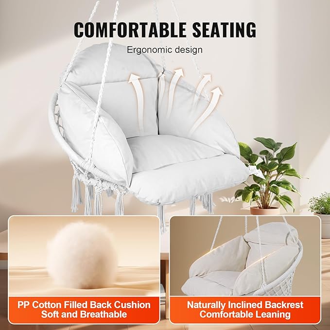 VEVOR Hanging Hammock Swing Chair Macramé Hanging Chair with Cushion and Mounting Hardware Cotton Rope Swing Chair for Bedroom Balcony Patio Garden 264 lbs Capacity White