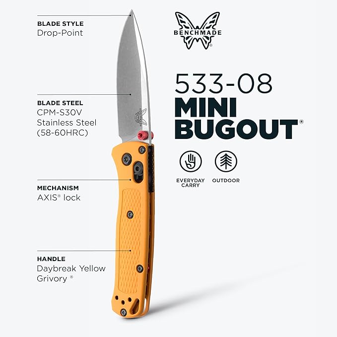 Benchmade - Mini Bugout Outdoor EDC Folding Knife Drop-Point Blade with Daybreak Grivory Handle (533-08)