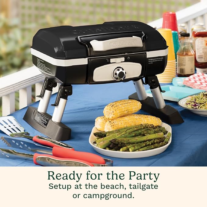 Cuisinart Petite Gourmet Portable Gas Grill Compact &amp Lightweight Tabletop Small Grill for BBQs Camping Tailgates &amp Small Spaces 5500 BTU Burner Folding with Carry Handles Black