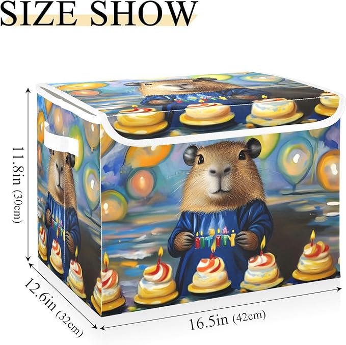 Storage Cube with Lid Birthday Capybara Print 16.5×12.6×11.8 IN Collapsible Large Capacity Foldable Storage Basket Bin Organizer