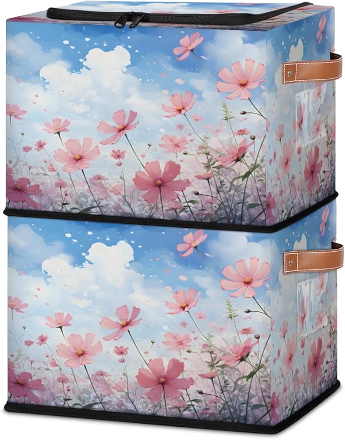 KOBLEN Poppies Seamless Pattern Storage Basket Collapsible Rectangular Storage Bins with Zipper Lid Handle Closet Shelf Cloth Organizer Basket for Nursery Bedroom Clothes Toy 2 Pack
