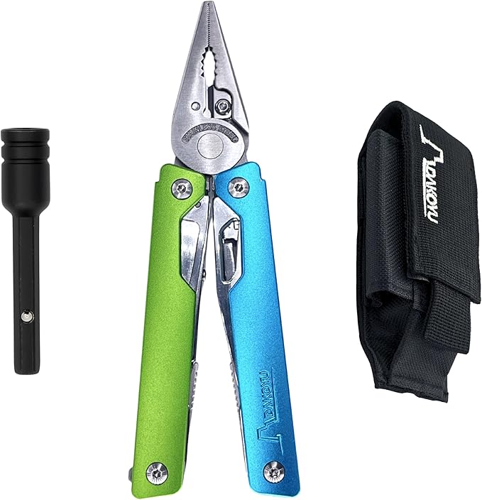 DKYoung™ Multi-Tool Aluminum Handles with Polished Stainless Steel Tools Blue/Green High-Viz Colors Pliers-Based Multitool with Carrying Sheath ¼ in. Hex Extension Camping Hiking Gift