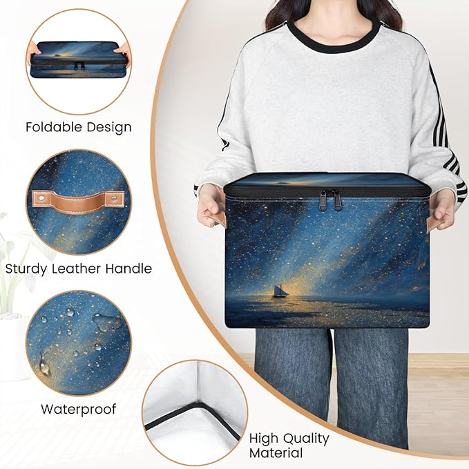 Ocean Beach Storage Bins with Zipper Lid Fabric Home Cubes Storage Baskets Boxes Clothes Organizer Container Galaxy Star