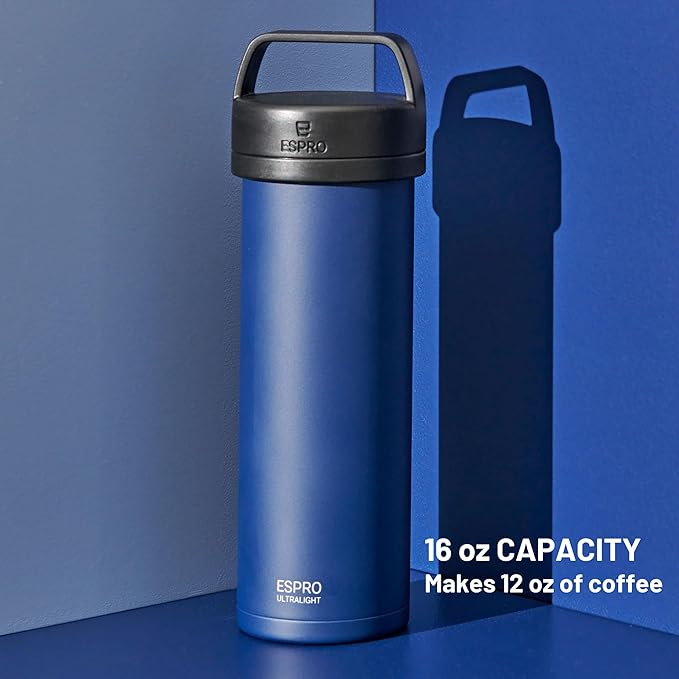 ESPRO Go P0 Ultralight French Press Coffee Maker for Travel Vacuum Insulated Stainless Steel 16 Ounces Aegean Blue