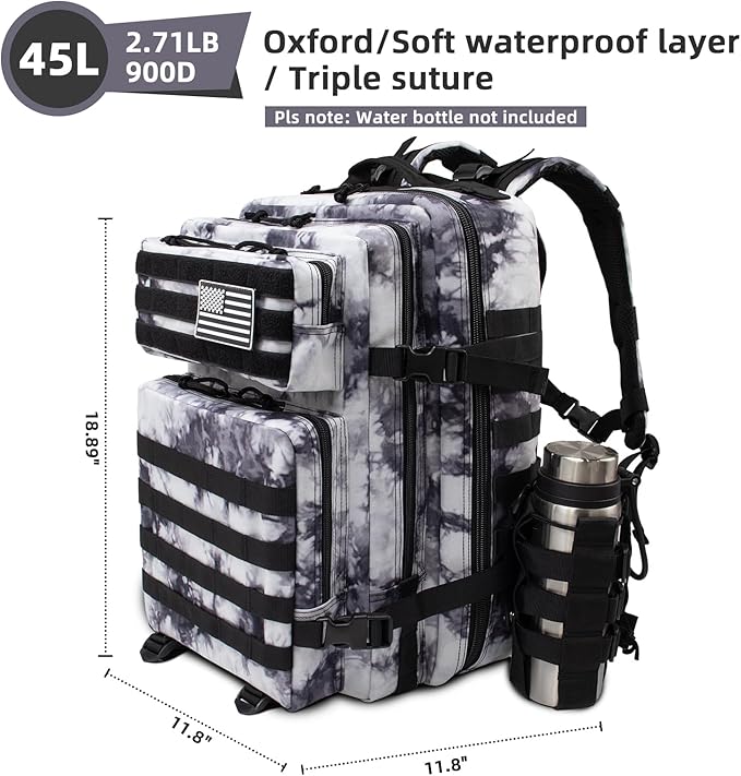 45L Large Tactical Military Backpack for Women and Men Assault Pack Army 3 Day Molle Bug Out Bag with Adjustable Water Bottle Holder Gym EDC Daypack Rucksack for Camping Motorcycle Balck White Camo