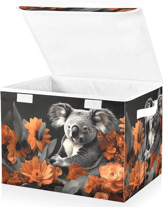 Storage Cube with Lid Koala with Floral Print 16.5×12.6×11.8 IN Collapsible Large Capacity Foldable Storage Basket Bin Organizer