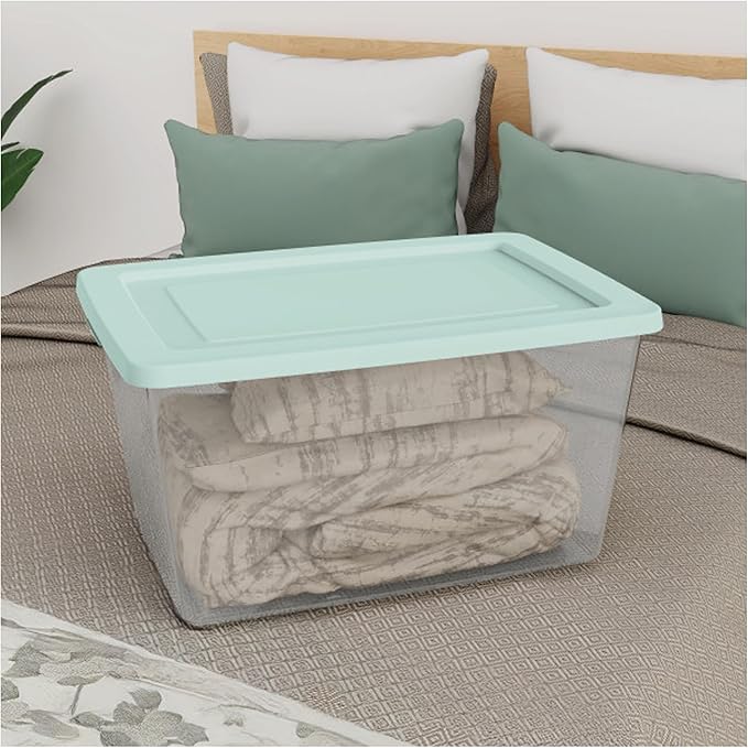 Sterilite 32 Pack Storage Boxes Clear Plastic Stackable Containers Lightweight Home Organizers with Snap Lids 58 Quart Mindful Mint