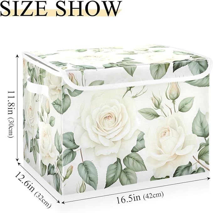 Flower Baskets Collapsible Storage Bins with Lids White Rose Flower Storage Boxes Clothes Baskets for Organizing