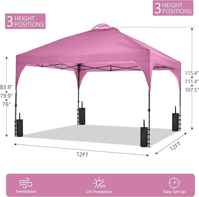 GDY 12X12 Pop Up Canopy Tent Outdoor Canopy Tent Commercial Instant Gazebos Portable Shelter Canopies for Patio/Outdoor/Wedding Parties and Events Pink.