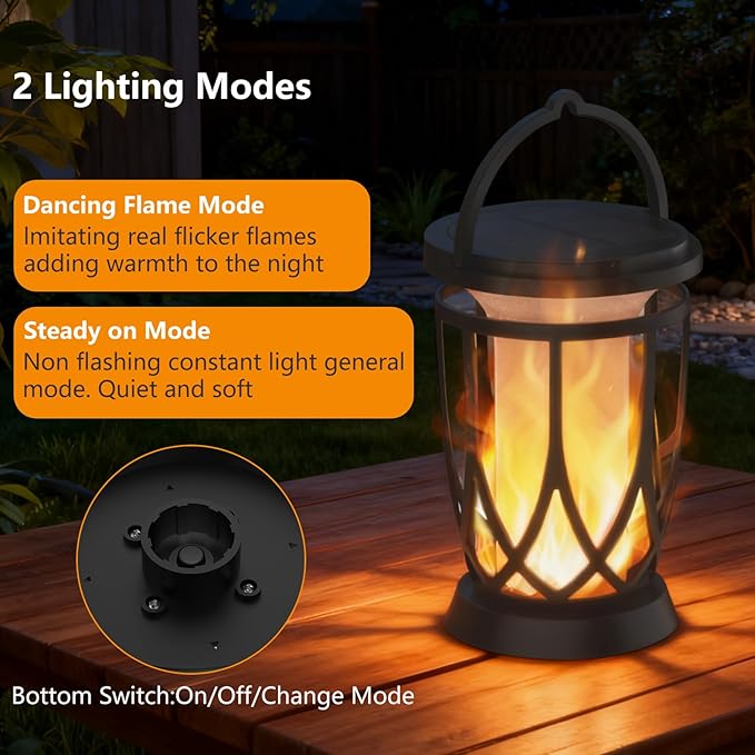 Solar Lanterns Outdoor Waterproof 2 Pack Flickering Solar Flame Lights Upgraded Hanging Flame Lantern Pathway Torch Light Table Lamp Auto On/ Off Porch Yard Gifts(2 Lighting Modes)