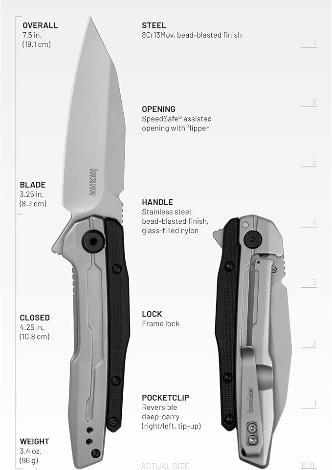 Kershaw Lithium Pocket Knife Silver &amp Black 3.25 Inch Stainless Steel Reverse Tanto Plain Edge Blade EDC with Assisted Opening Reversible Pocketclip Everyday Carry Pocket Knife for Men and Wo