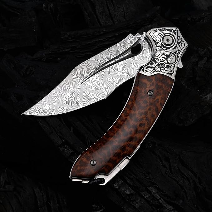 Japanese VG 10 Damascus Steel Folding Knife Outdoor Wilderness Survival Pocket Knife Snake Wood Handle Lined Lock Leather Sheath EDC Pocket Knife