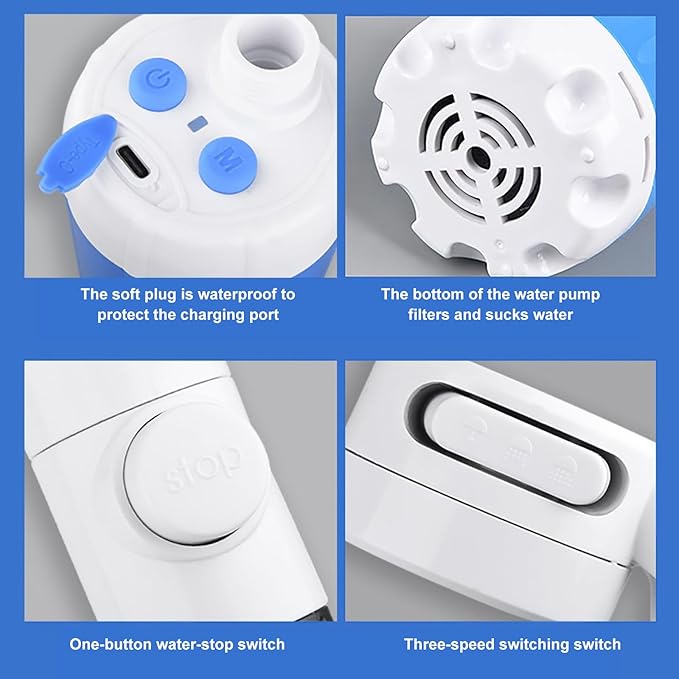 Portables Outdoor Shower with 4000mAh Battery High Flows Regulable Pressures for Camping Hiking Travel and Pet Bathing