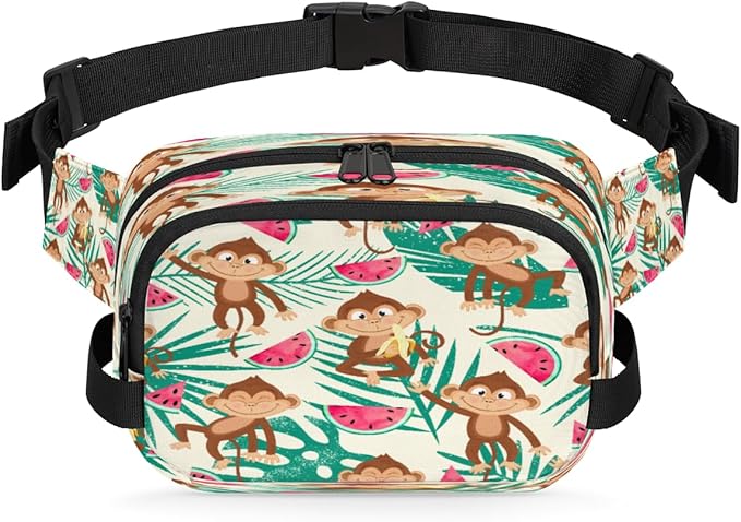 Monkey Watermelon Palm Waterproof Fanny Pack for Women Men Adjustable Waist Bag with Double Zipper Pockets Lightweight Square Hip Pack for Running Travel Hiking Workout Cycling