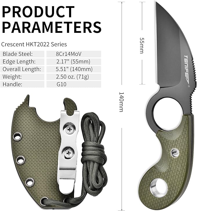 TONIFE Small Fixed Blade Knife Full Tang EDC Camping with Sheath Lanyard and Clip Blade Length 2.172.5 oz.with Sheath (Green - Gray Titanium)