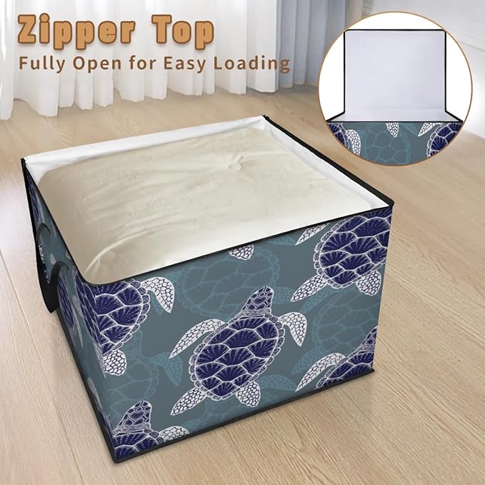 Large Nautical Green Sea Turtles Storage Bags with Lid XL Blanket Clothes Storage Bins Foldable Organizers Storage Containers with Handle for Comforters Bed Sheets Pillows Sea Animals