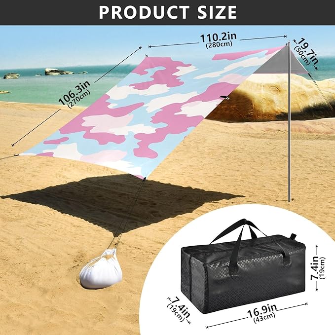 Sky Blue Foldable Beach Cabana UPF50+ Protection Easy Setup Sun Shelter with Sand Shovel for Camping Picnics Backyard &amp Fishing