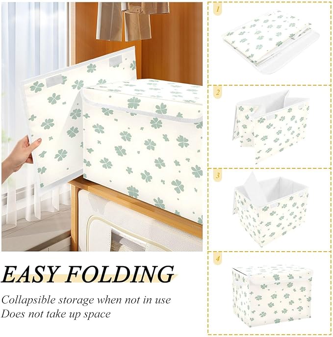 Christmas Storage Baskets with Lids Shamrocks Collapsible Bins Stackable Fabric Linen Baskets Closet Organizer Container 16.5x12.6x11.8