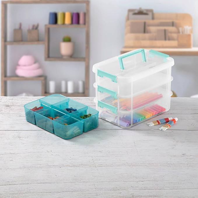 Sterilite 18 Pack Plastic Storage Box Container 3 Layer Stack and Carry Clear/Blue