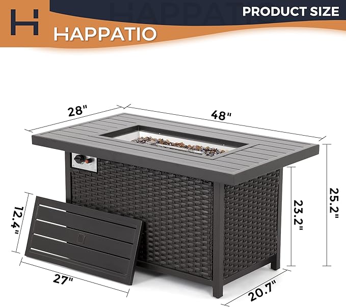 HAPPATIO Propane Fire Pit Table - 48 inch 50000 BTU Aluminum Outdoor Patio Fire PitWicker &amp Aluminum Rectangular Propane Gas Fire Pit Clear Glass Rock and Tabletop Lid Black PE Rattan(Brown)