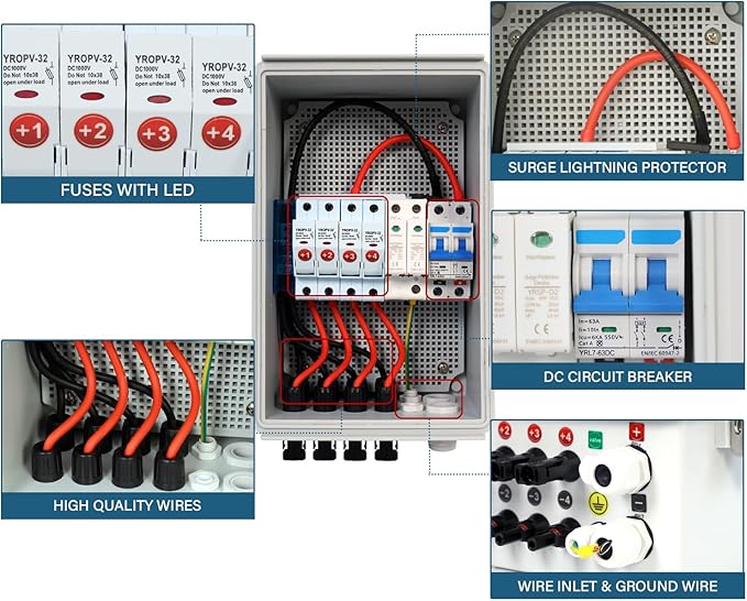 Solar 4 String PV Combiner Box with Lightning Arreste 15A Rated Current Fuse and 2P 63A Circuit Breakers for On/Off Grid Solar Panel System (4 String PV Combiner Box)