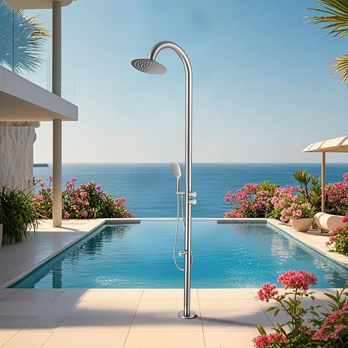 316 Marine Grade Stainless Steel Free Standing Outdoor Shower with Foot Wash 3-Function Nickel Shower Kit with 10''Rain Shower HeadOutdoor Shower Fixture for Backyard Beach Poolside