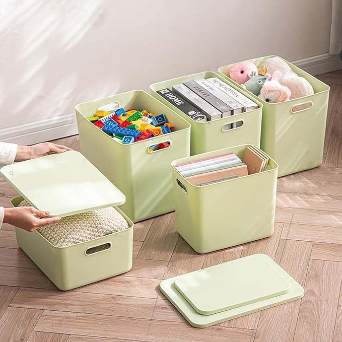 5 pack large plastic White storage bins with Lids Toy Box Chest with HandleOrganizer Containers Baskets for BabyNurseryShelvesPlayroom BedroomOfficeClosethome (Light Green 5L)