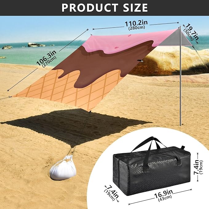ALAZA Pink Ice Cream Beach Tent Sun Shelter Portable Canopy Sunshade for Outdoor Camping Picnics Backyard Fun 10x9 ft