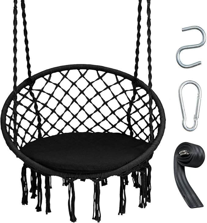 Giantex Hammock Chair Macrame Swing - Hanging Chair with Cushion and Hardware Kit 330 LBS Weight Capacity Indoor Swing for Hammock Stand Patio Balcony Living Room Hammock Swing (Black)