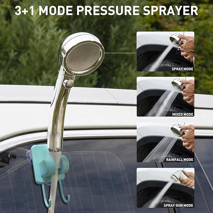 Portable Hot Shower for Camping Shower Tent Kit 1000W Immersion Heater Rechargeable Camping Shower Pump Pop Up Shower Tent with 6.6 Gallons Folding Bucket for Adults Outdoor