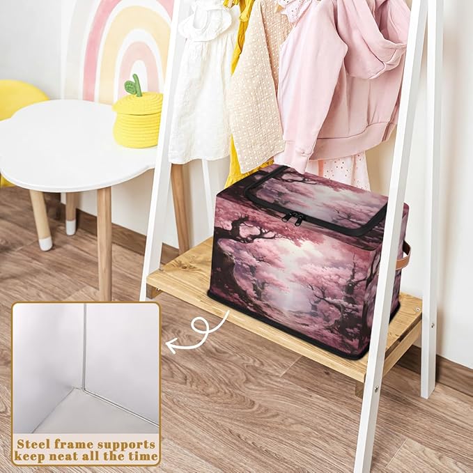 KOBLEN Pink Cherry Blossoms Storage Basket Collapsible Rectangular Storage Bins with Zipper Lid Handle Closet Shelf Cloth Organizer Basket for Nursery Bedroom Clothes Toy